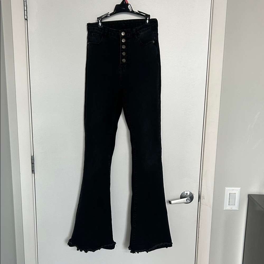 Black High-Rise Flare Jeans with Button Front
